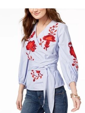 INC International Concepts Light Blue Wrap Blouse with Red Floral Embroidery